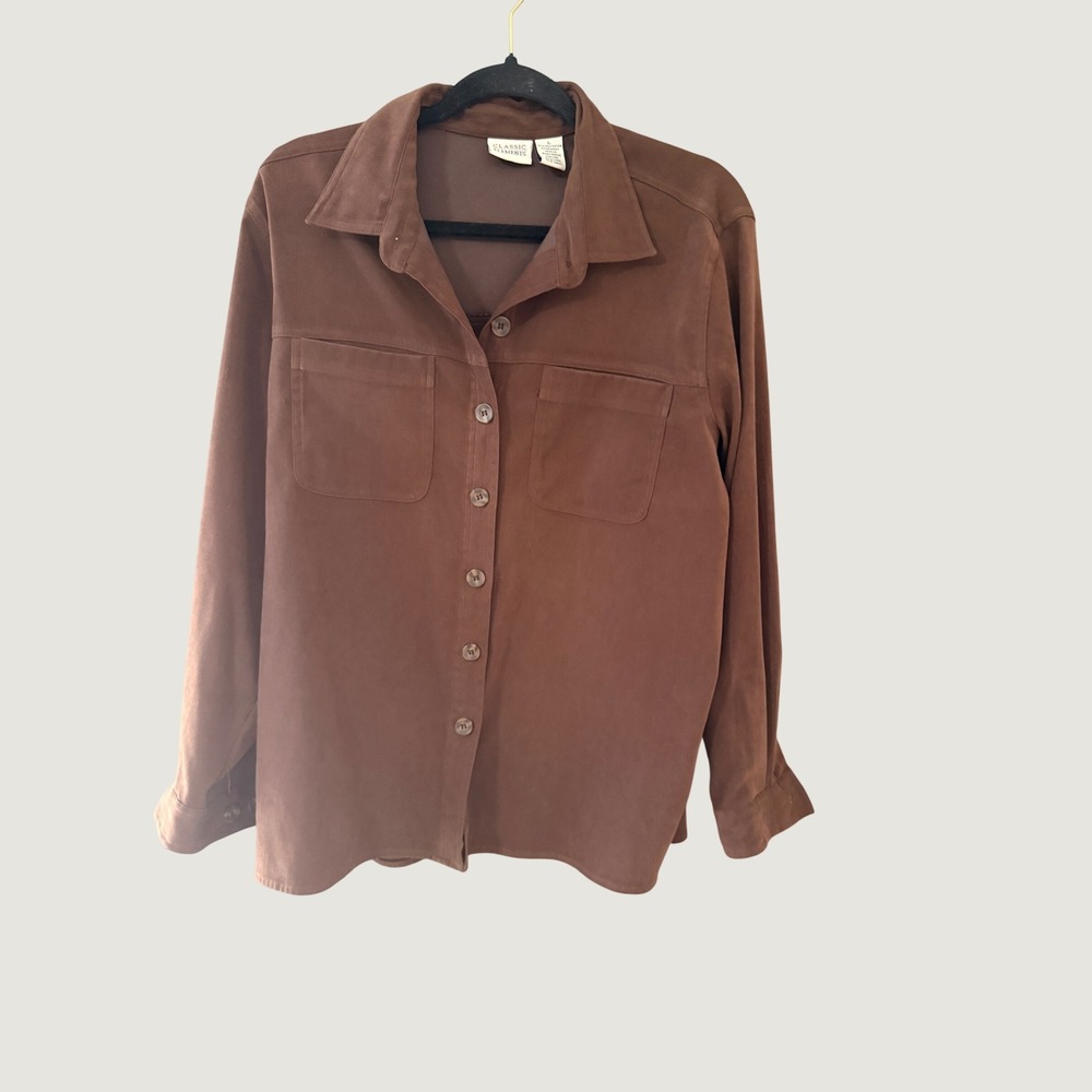 Classic Vintage 90s Chocolate Brown Faux Suede Button Down Shirt Shacket L Fall